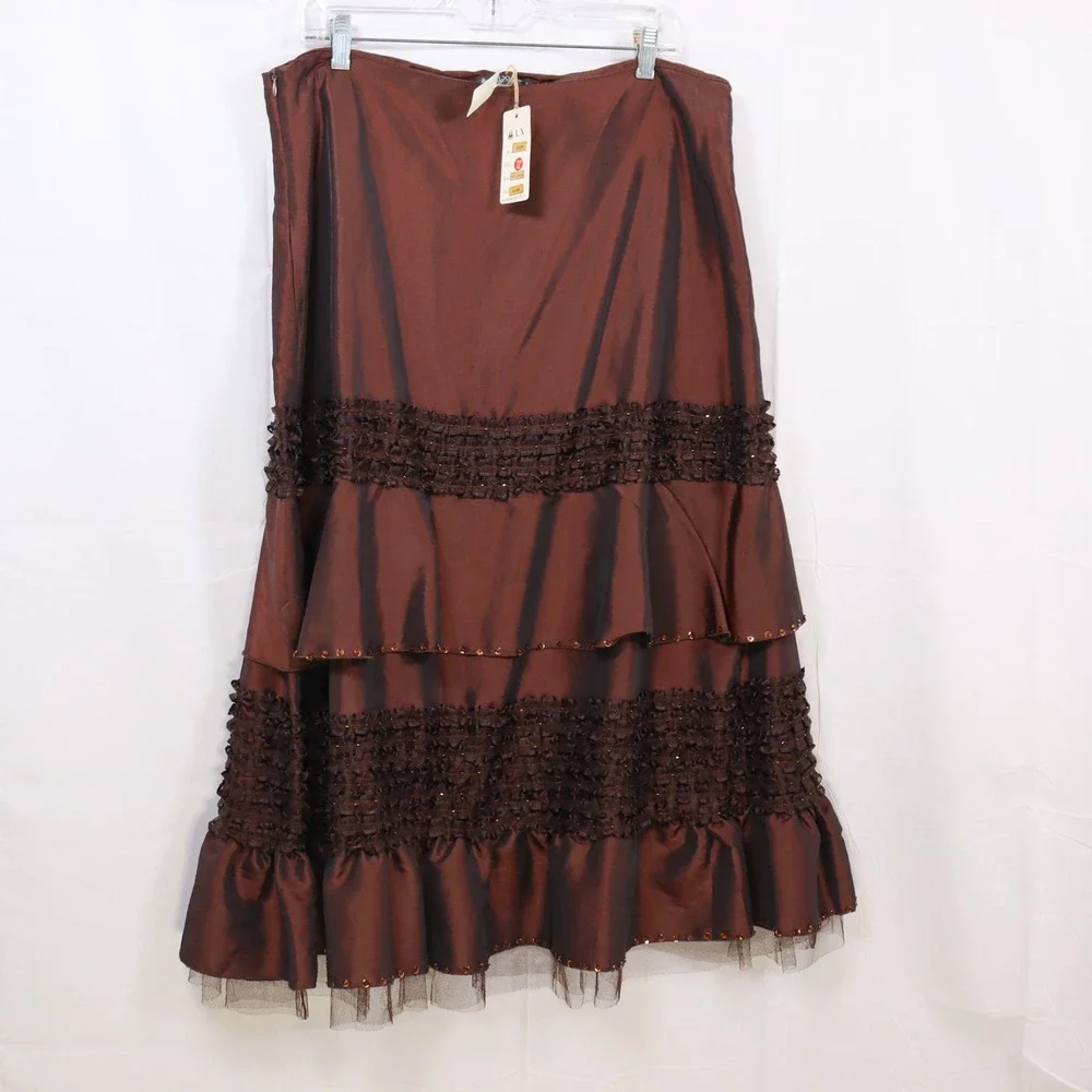 ALXIN Tiered Ruffle Skirt XL Brown‎ Womens Taffeta Sequin Formal